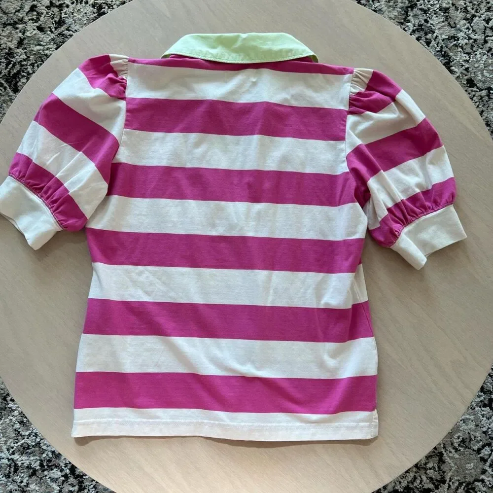 Anthropologie Maeve Rugby Stripe Puff Sleeve Polo Top Women's Small Pink White